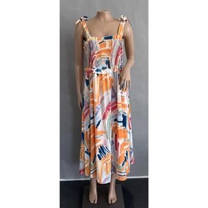Jodifl Dress Women M Midi Watercolor Brushstroke Print Smocked A-Line Tea Boho